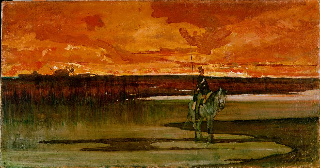 Lanciere di vedetta presso un fiume. Dipinto di Giovanni Fattori. 1885-1890. Firenze, Galleria d