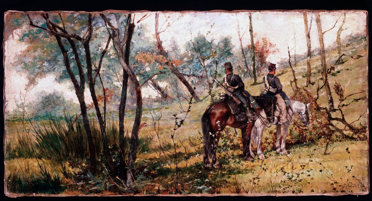 Due soldati a cavallo sotto gli alberi da Giovanni Fattori