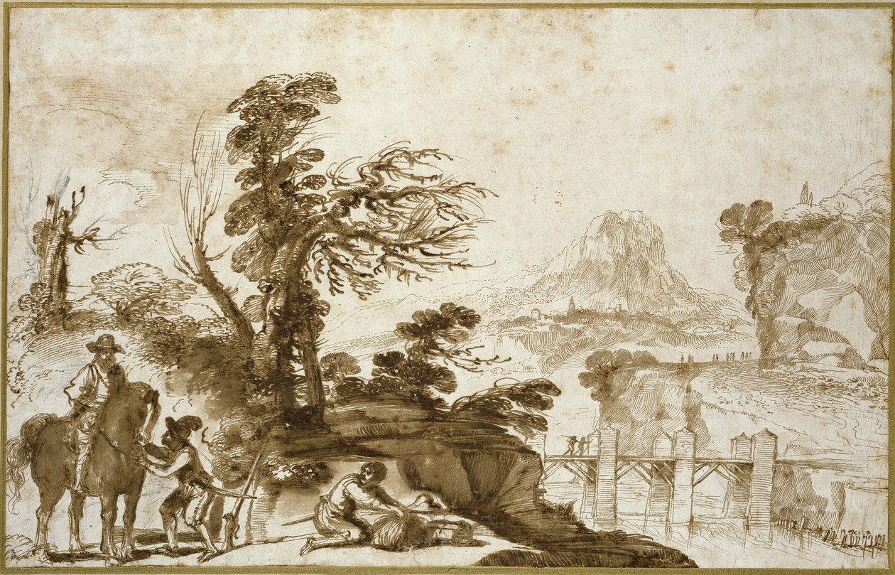 Paesaggio con cavaliere e ponte da Giovanni Francesco Barbieri