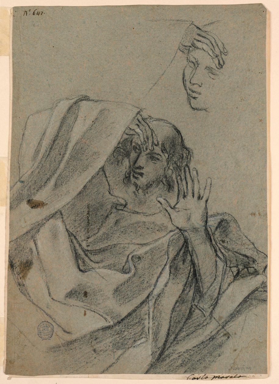 Studi di disegno con volto di donna e uomo sdraiato, e mano destra con avambraccio da Giovanni Francesco Barbieri
