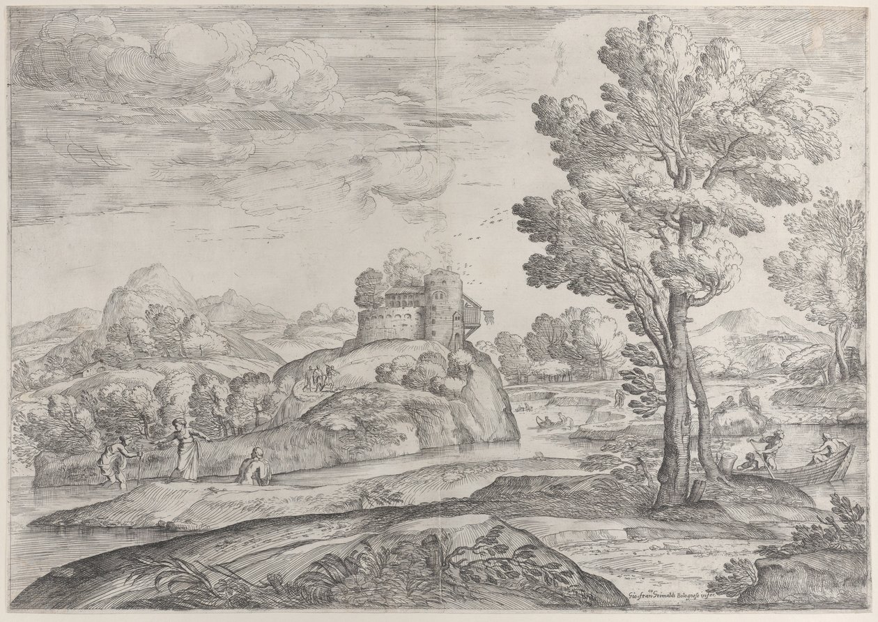 Una casa sopra una roccia rotonda al centro, persone nel fiume e in canoe, 1626-80 da Giovanni Francesco Grimaldi