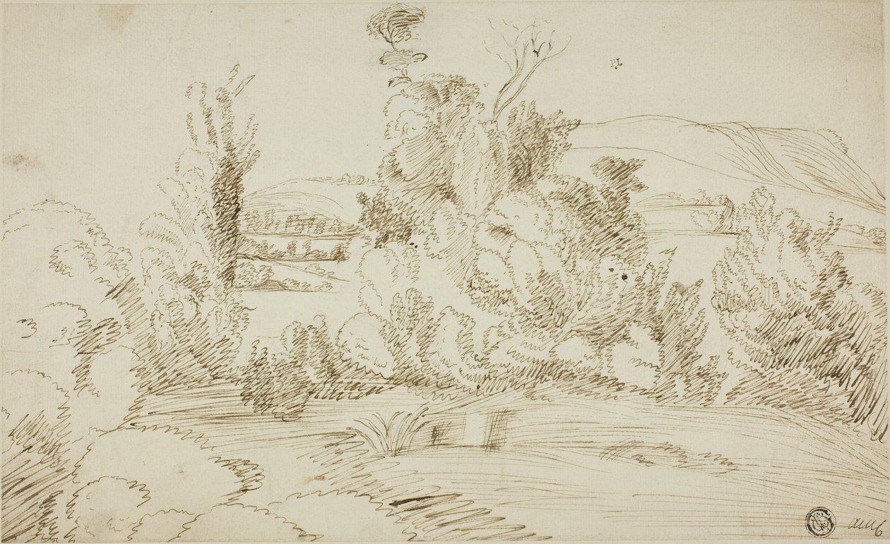 Boschetto di alberi con colline in lontananza da Giovanni Francesco Grimaldi