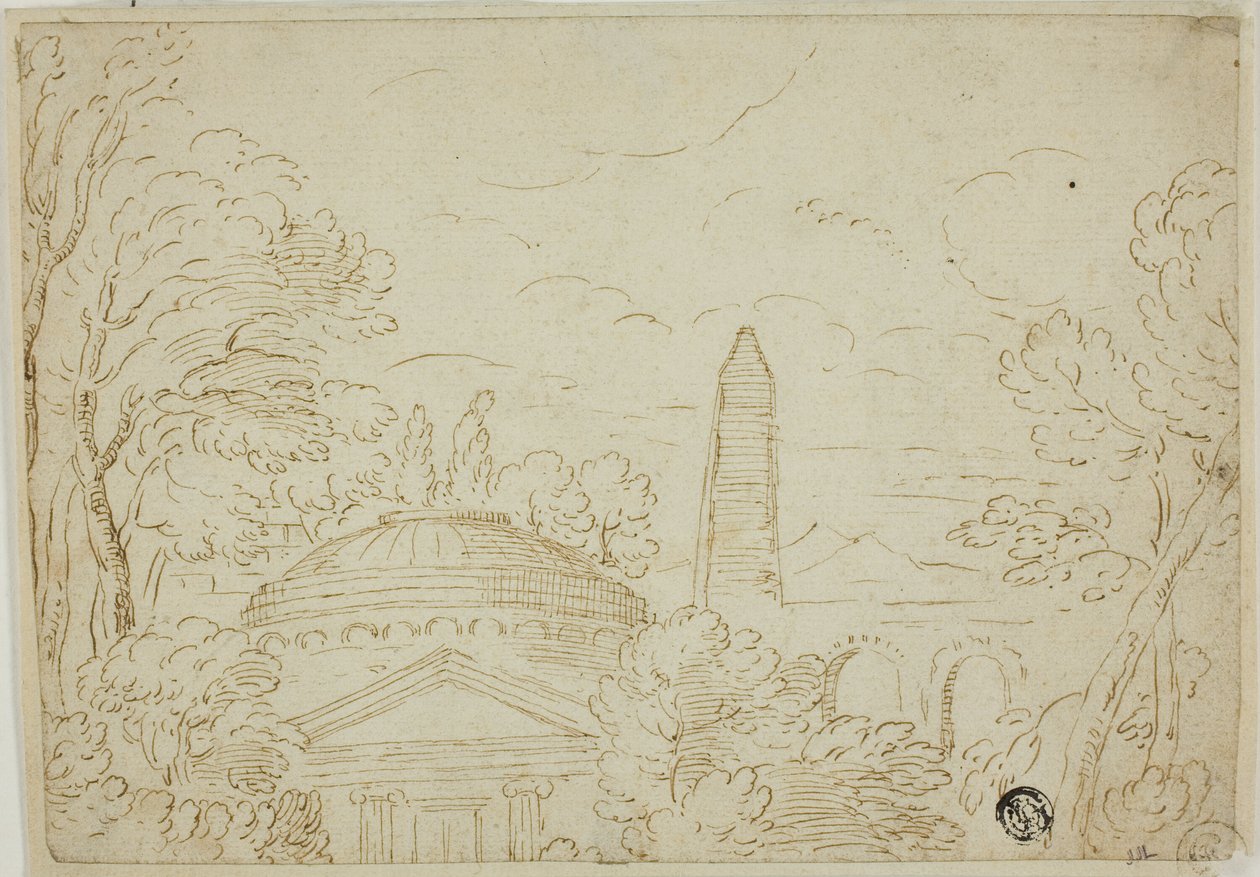 Paesaggio con tempio, obelisco e acquedotto da Giovanni Francesco Grimaldi
