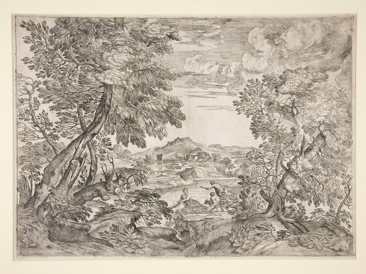 Paesaggio con tre uomini vicino a un fiume da Giovanni Francesco Grimaldi