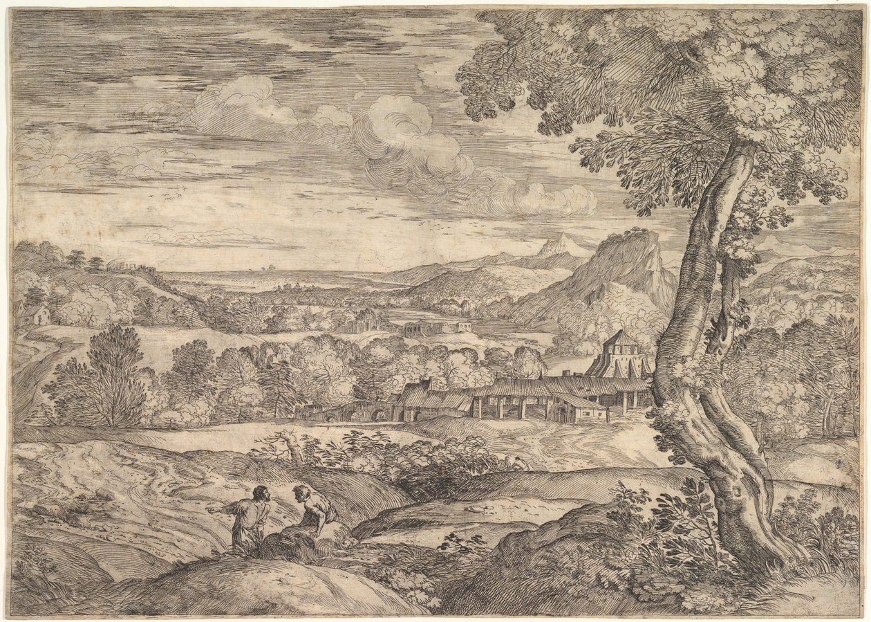 Paesaggio con una fabbrica di mattoni in secondo piano, un uomo in piedi in primo piano da Giovanni Francesco Grimaldi
