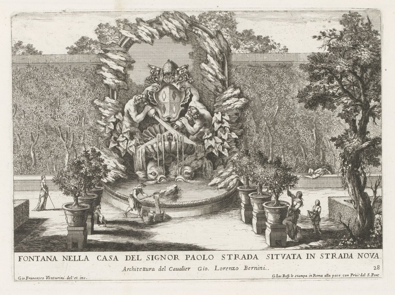Fontana con uno stemma papale, due tritoni e delfini (serie Fontane nei palazzi e nei giardini di Roma) da Giovanni Francesco Venturini
