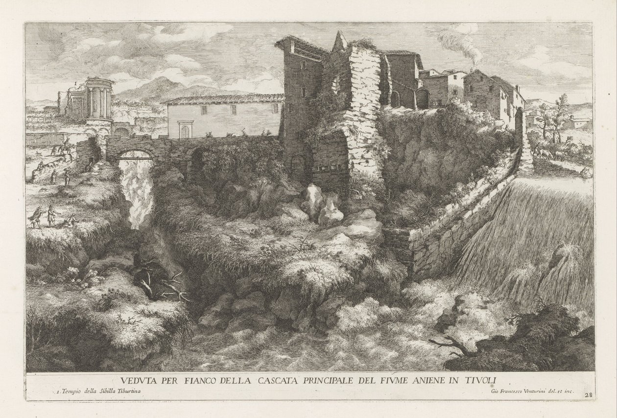 Paesaggio con cascata e tempio della Sibilla Tiburtina a Tivoli da Giovanni Francesco Venturini