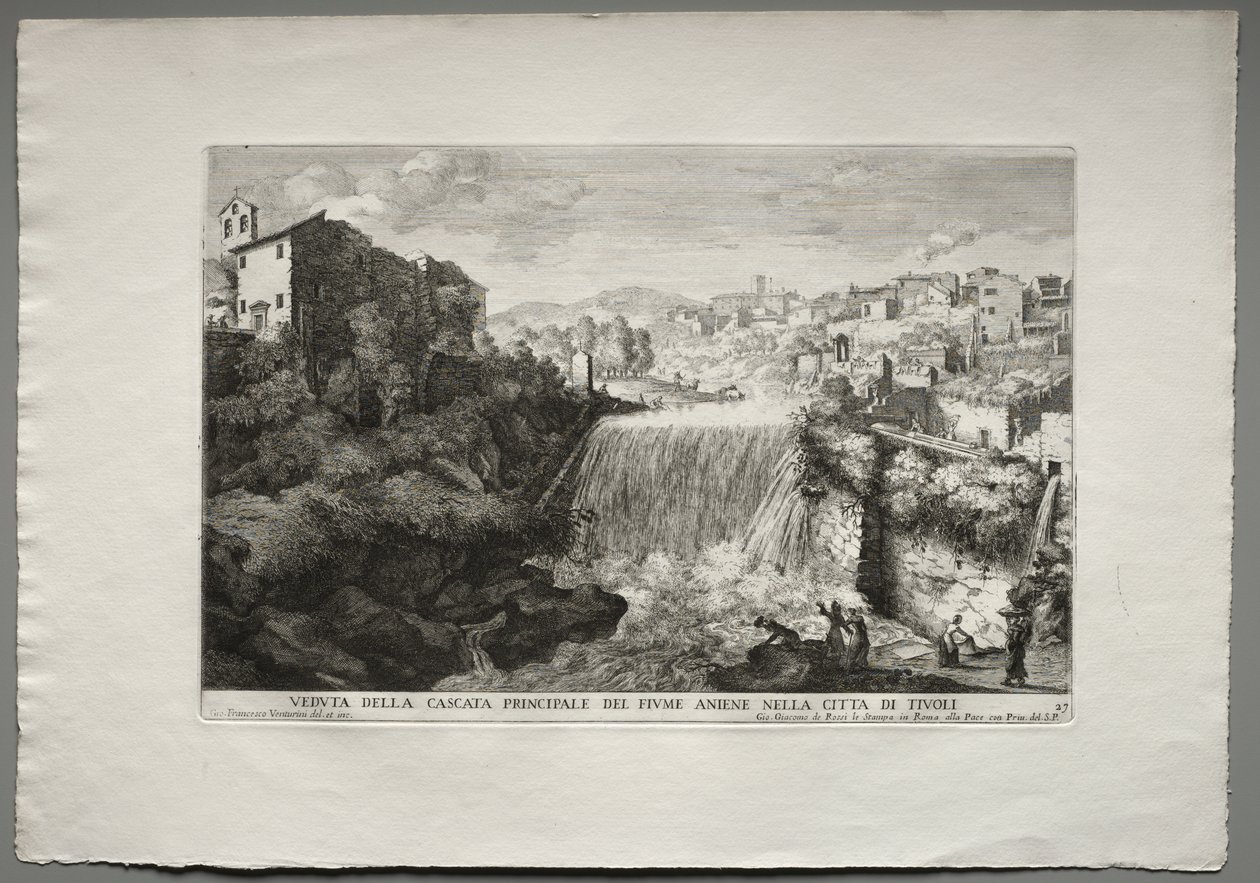 Le fontane di Roma, Libro IV, tavola 27: Veduta della Cascata Principale del Fiume Aniene nella città di Tivoli da Giovanni Francesco Venturini