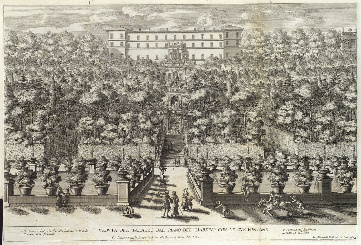 Veduta del Palazzo dal Piano del Giardino con le sue Fontane, da La Fontane, pub. c 1691 da Giovanni Francesco Venturini