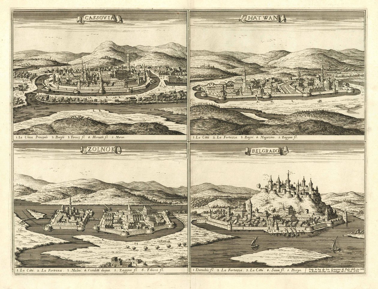 Castelli di Košice, Hatvan, Szolnok e Belgrado (Giovanni Giacomo De Rossi, 1683) da Giovanni Giacomo De Rossi