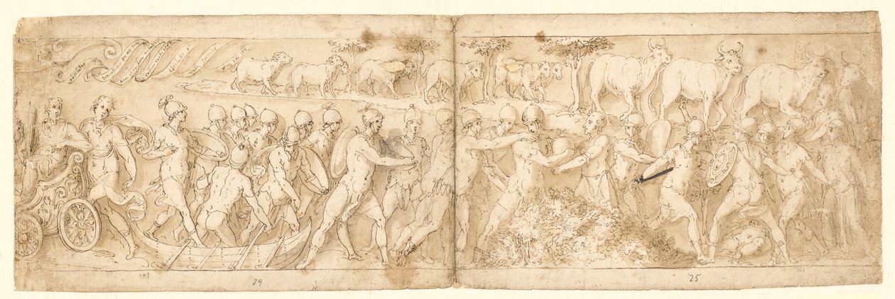 I fuggitivi barbari e i loro animali vengono portati fuori dal loro nascondiglio; in alto a sinistra la fine di una cartouche con un rotolo da Giovanni Guerra