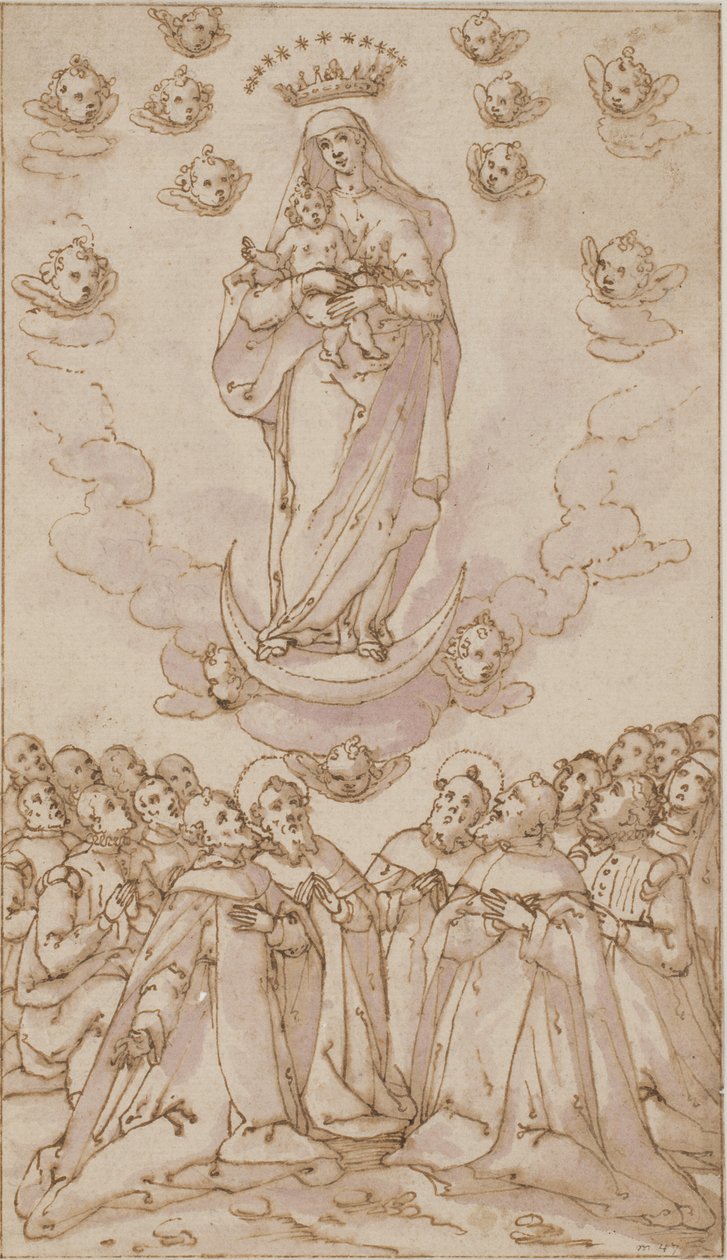 Madonna col Bambino su una luna crescente appare a un gruppo di santi, sacerdoti e laici da Giovanni Guerra