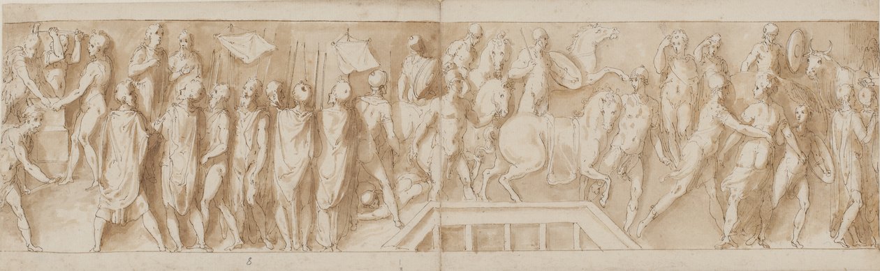 Soldati romani che costruiscono un campo; un discorso; romani che attraversano un fiume su un ponte di barche; donne prese prigioniere da Giovanni Guerra