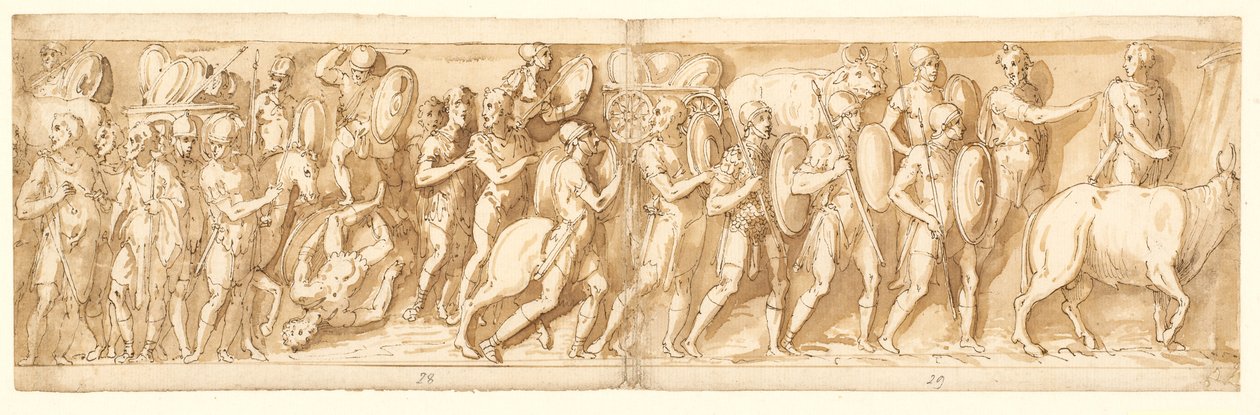Romani in Marcia (XXXVI); Marco Aurelio, Pompeo e un Assistente Guardano la Marcia (XXXVII); una Sosta nella Marcia (XXXVIII) da Giovanni Guerra