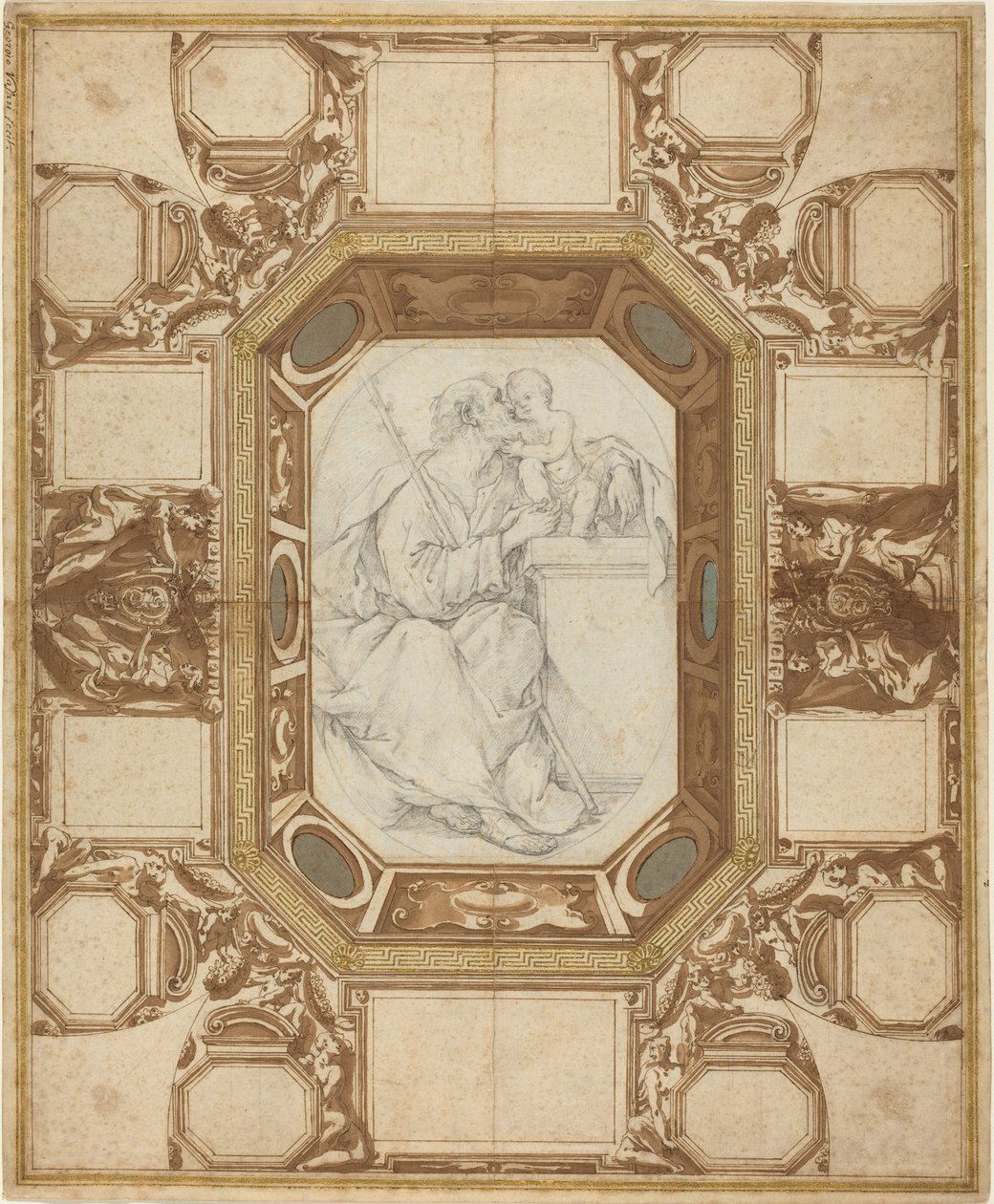 Soffitto con figure allegoriche e le armi di Papa Sisto V (disegno esterno di Guerra); San Giuseppe e il Bambino Gesù (disegno centrale di Viani) da Giovanni Guerra and Domenico Maria Viani