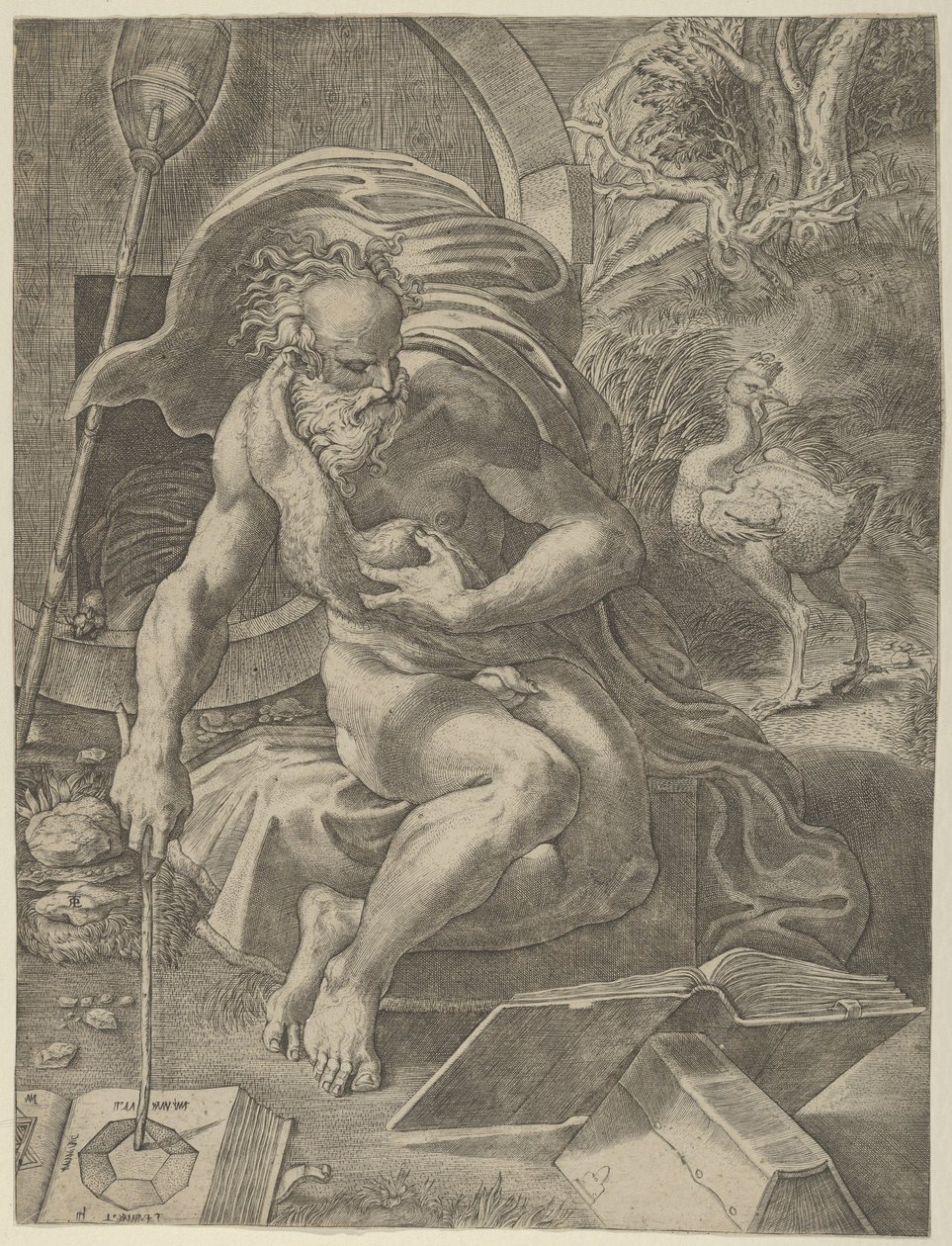 Diogene seduto con il suo barile dietro di lui, e legge un libro tenendo un bastone da Giovanni Jacopo Caraglio