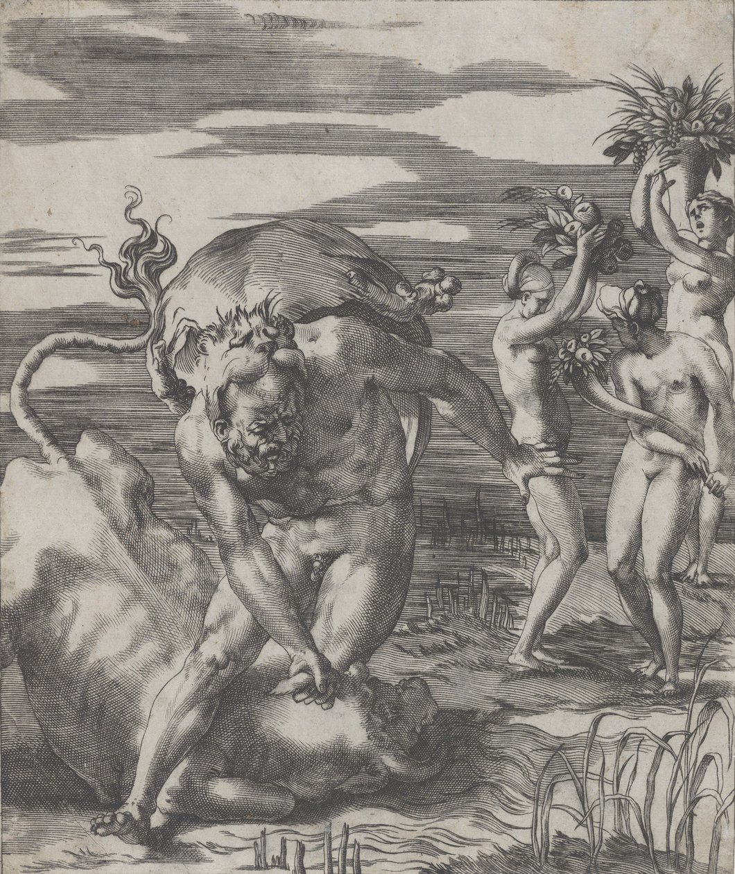 Ercole che sconfigge il dio del fiume Acheloo in forma di toro, con tre donne da Giovanni Jacopo Caraglio