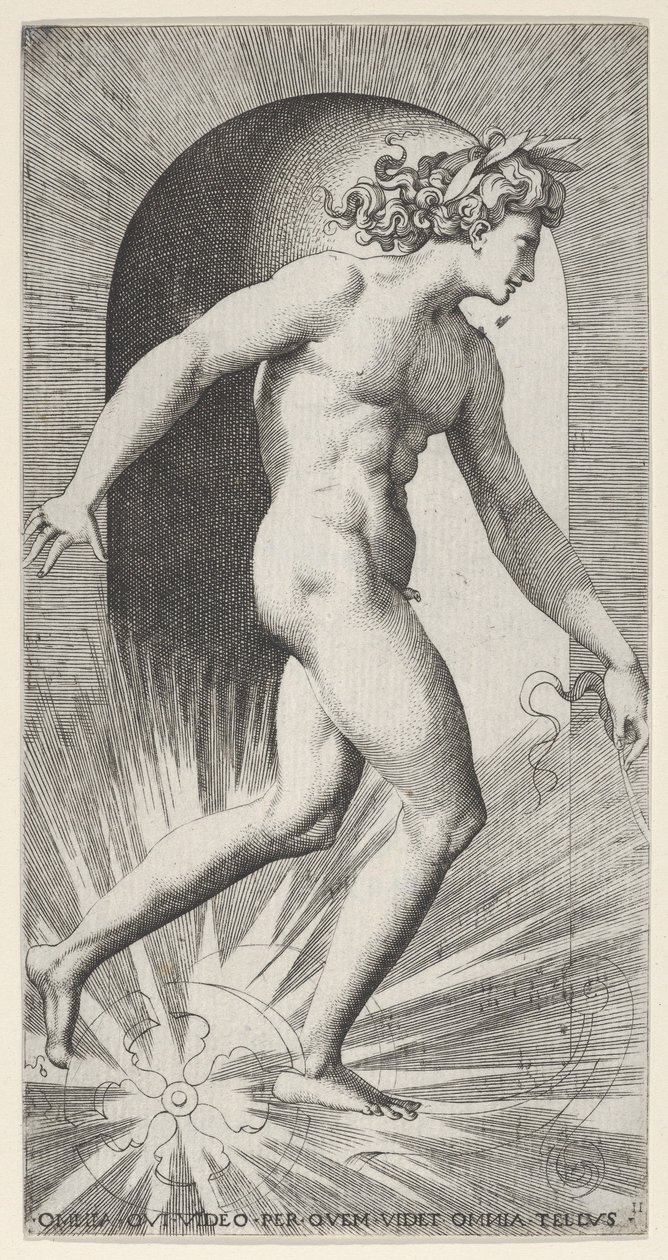 Apollo che guida il suo carro in una nicchia, rivolto a destra, da una serie di mitologia da Giovanni Jacopo Caraglio