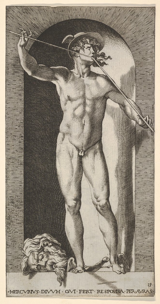 Tavola 14: Mercurio in una nicchia che suona il flauto, con la testa mozzata di un vecchio, 1526 da Giovanni Jacopo Caraglio