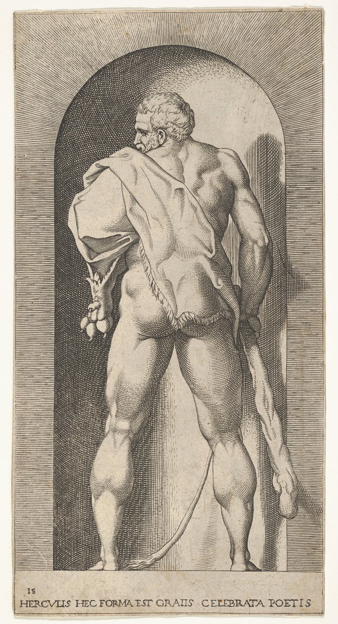 Tavola 15: Ercole in piedi in una nicchia, indossa una pelle di leone e tiene una clava, visto da..., 1526 da Giovanni Jacopo Caraglio