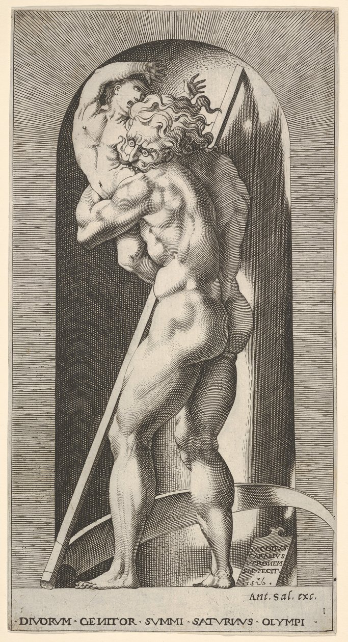 Saturno in una nicchia che divora suo figlio, davanti a una falce, da una serie di... da Giovanni Jacopo Caraglio