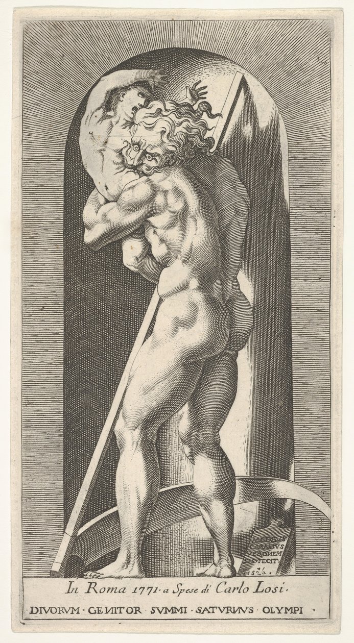 Tavola 1: Saturno in una nicchia che divora suo figlio, davanti a una falce, da una serie di m..., 1526 da Giovanni Jacopo Caraglio