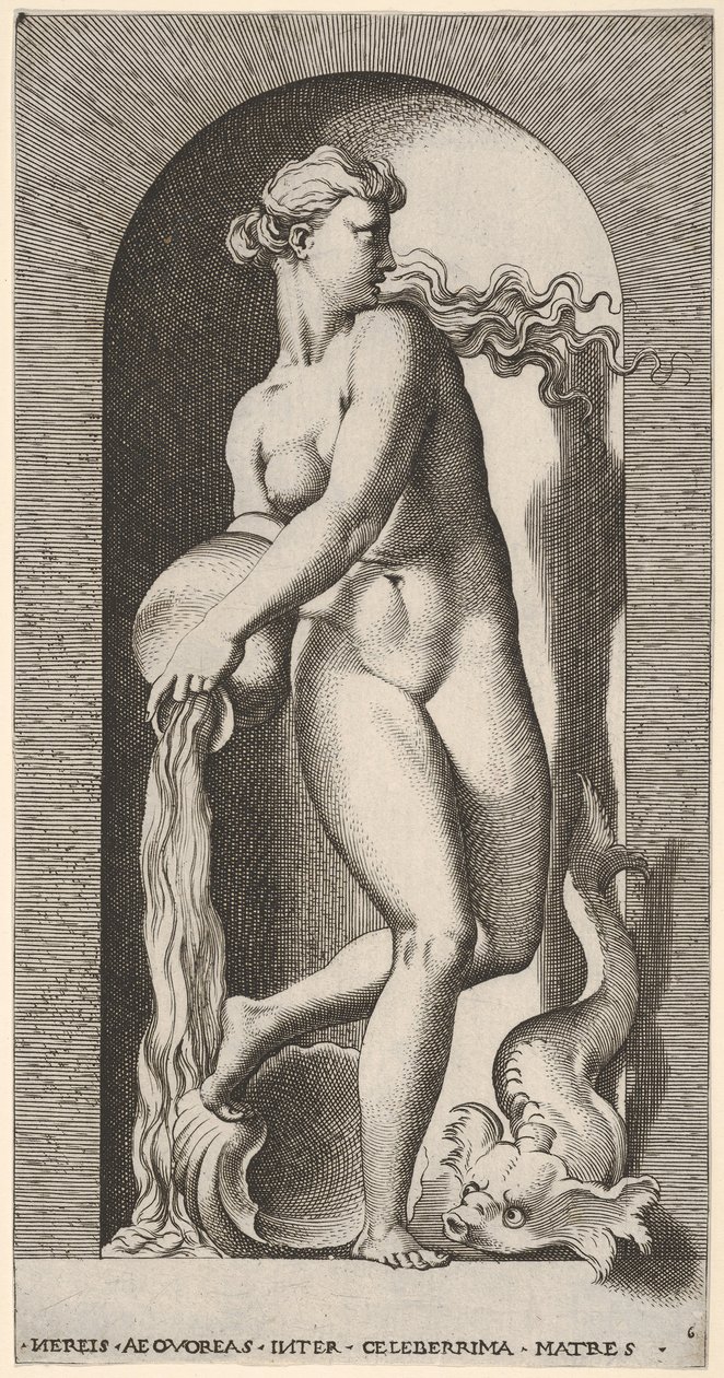 Tavola 6: Teti in piedi in una nicchia con una conchiglia e una creatura marina, che versa acqua, 1526 da Giovanni Jacopo Caraglio