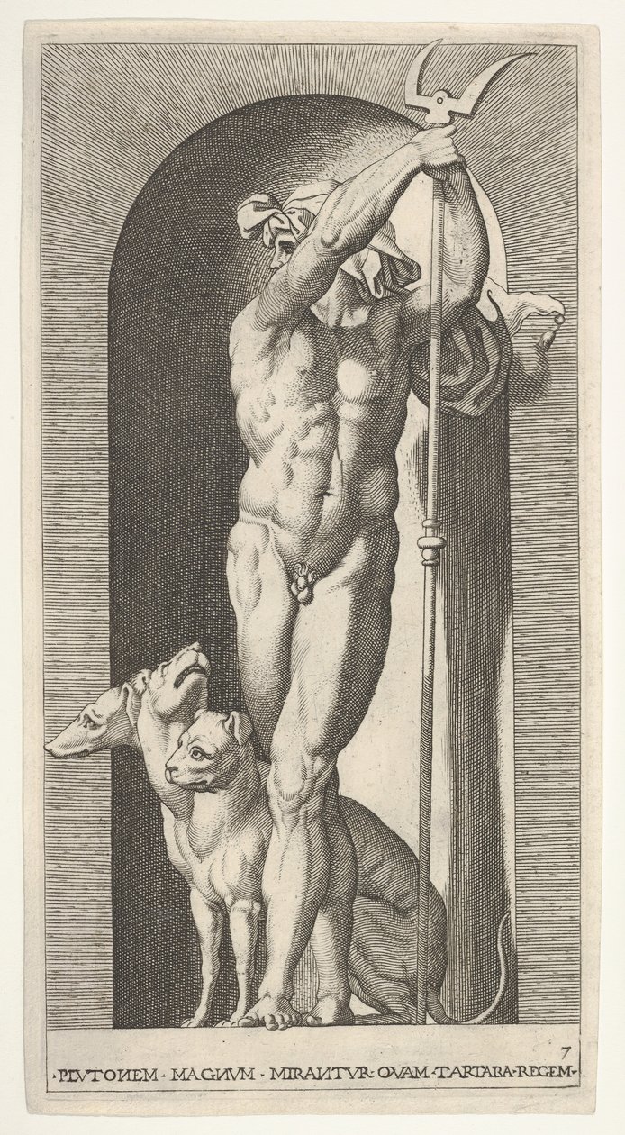 Tavola 7: Plutone in una nicchia, con un bidente, con Cerbero accanto a lui, da una serie di..., 1526 da Giovanni Jacopo Caraglio