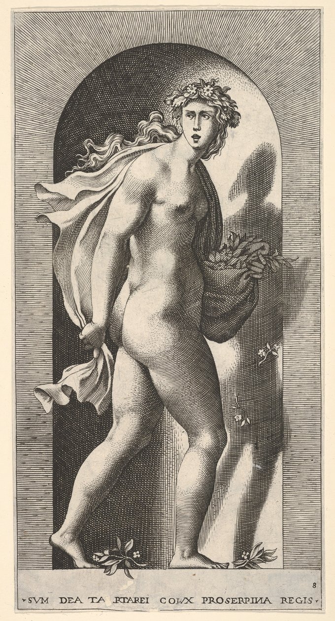 Tavola 8: Proserpina, in piedi in una nicchia, girata a destra mentre tiene il mantello in bo..., 1526 da Giovanni Jacopo Caraglio