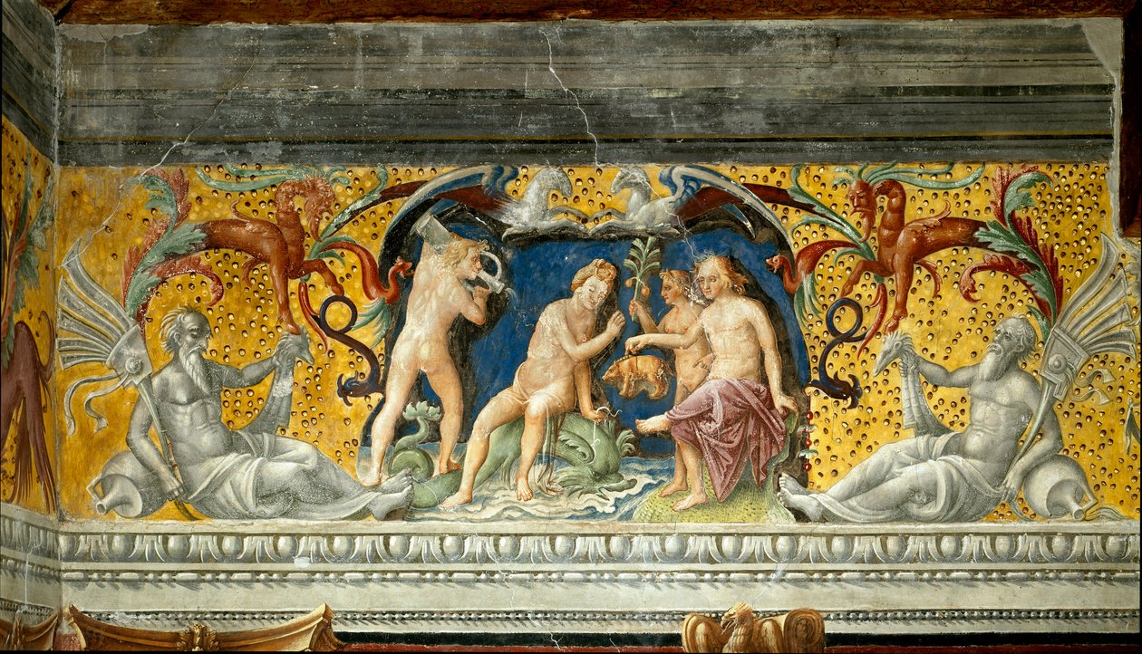 Una divinità marina offre un piccolo cinghiale (dettaglio) di un fregio attribuito a Giovanni Maria Falconetto. Palazzo d