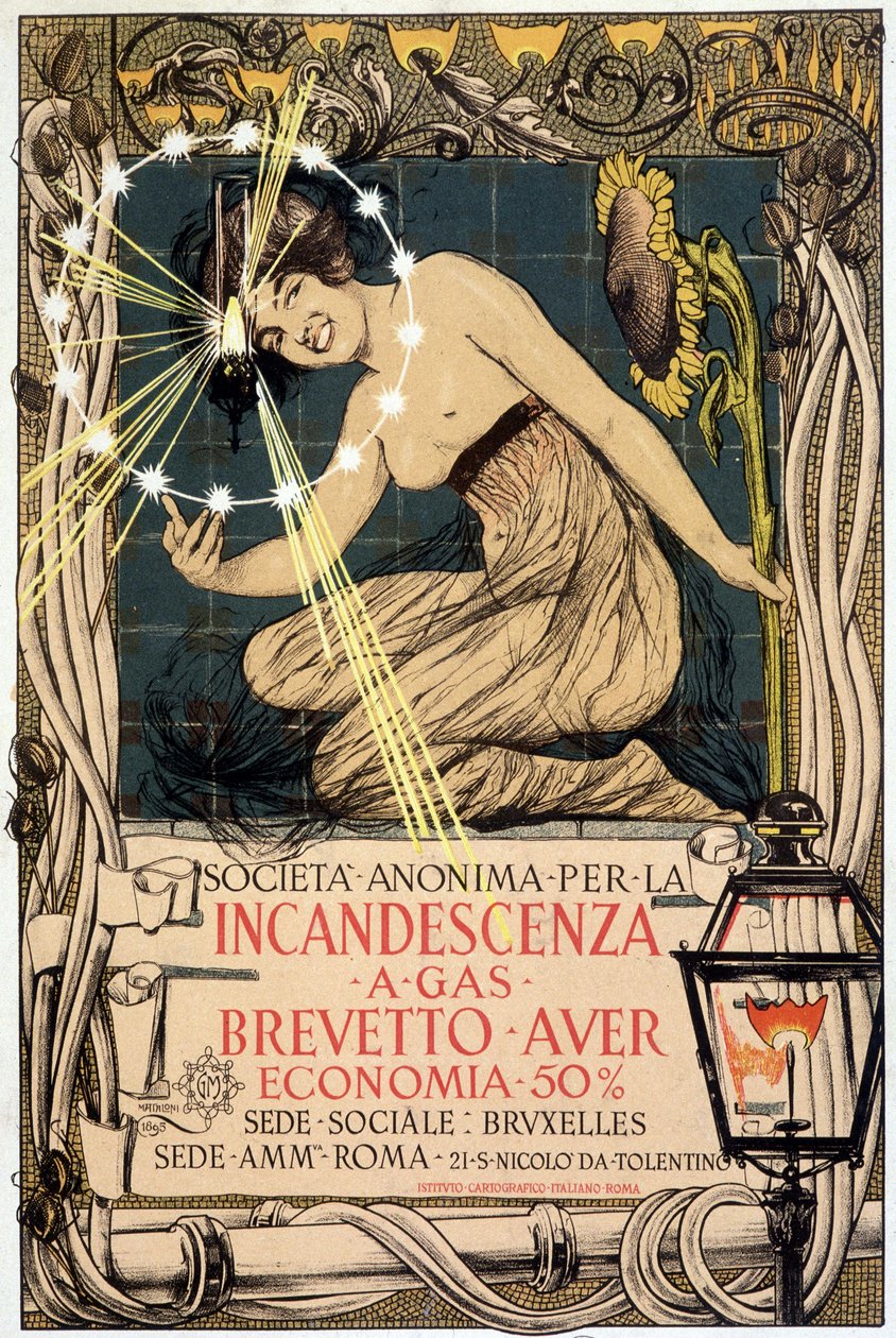 Pubblicità per lampada a gas incandescente, di Mataloni, Italia da Giovanni Maria Mataloni