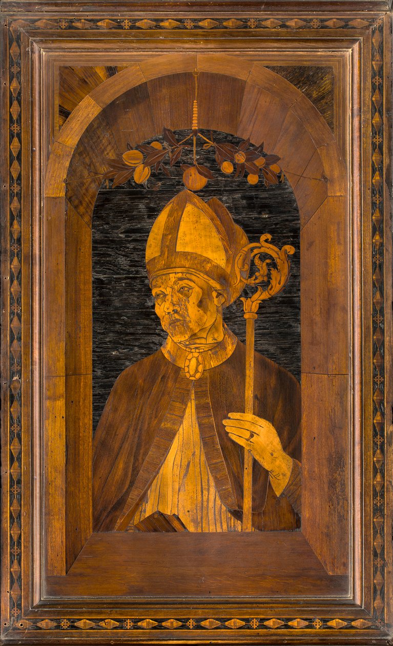 Coro canonico ligneo, intarsiato da Giovanni Maria Platina 1484, Stallo superiore, Sant