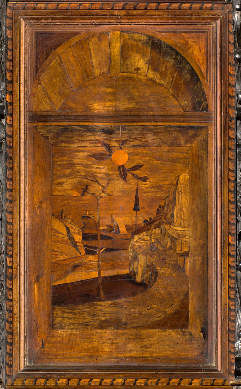 Coro canonico ligneo, intarsiato da Giovanni Maria Platina 1484, stallo superiore da Giovanni Maria Platina
