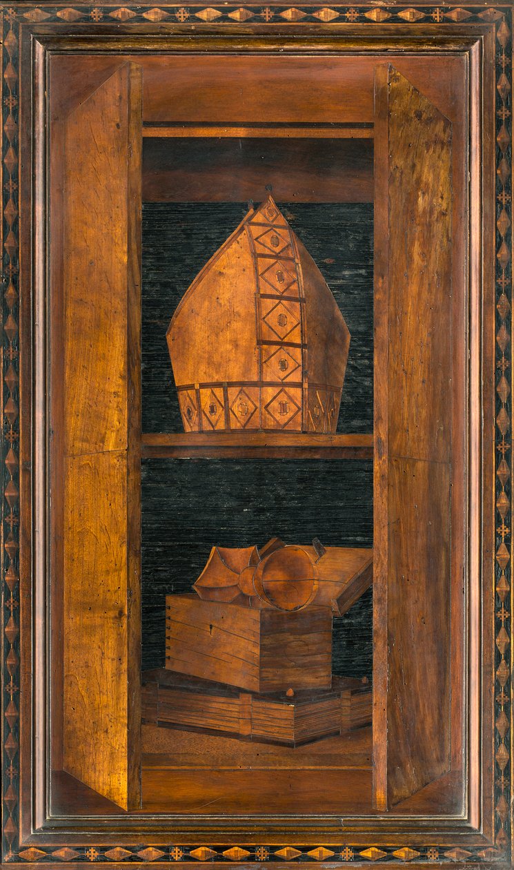 Coro canonico ligneo, intarsiato da Giovanni Maria Platina 1484, stallo superiore da Giovanni Maria Platina