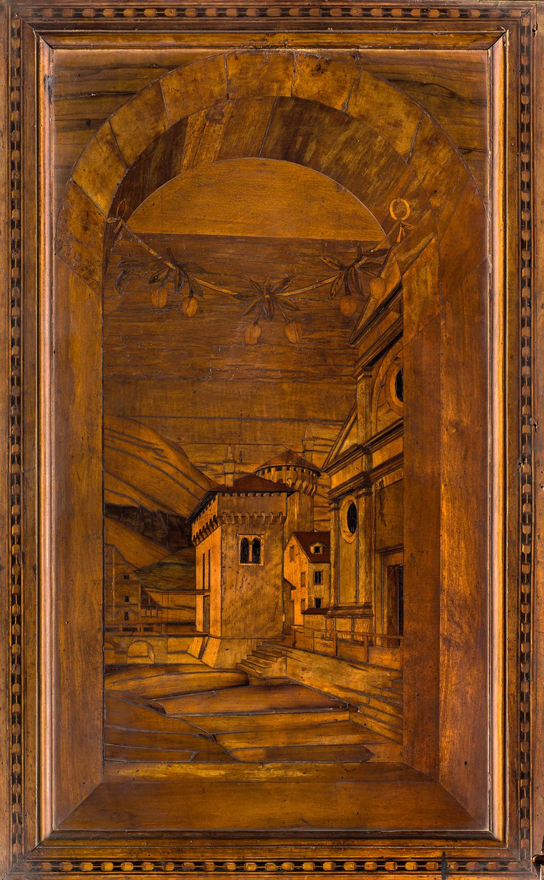 Coro canonico ligneo, intarsiato da Giovanni Maria Platina 1484, stallo superiore da Giovanni Maria Platina
