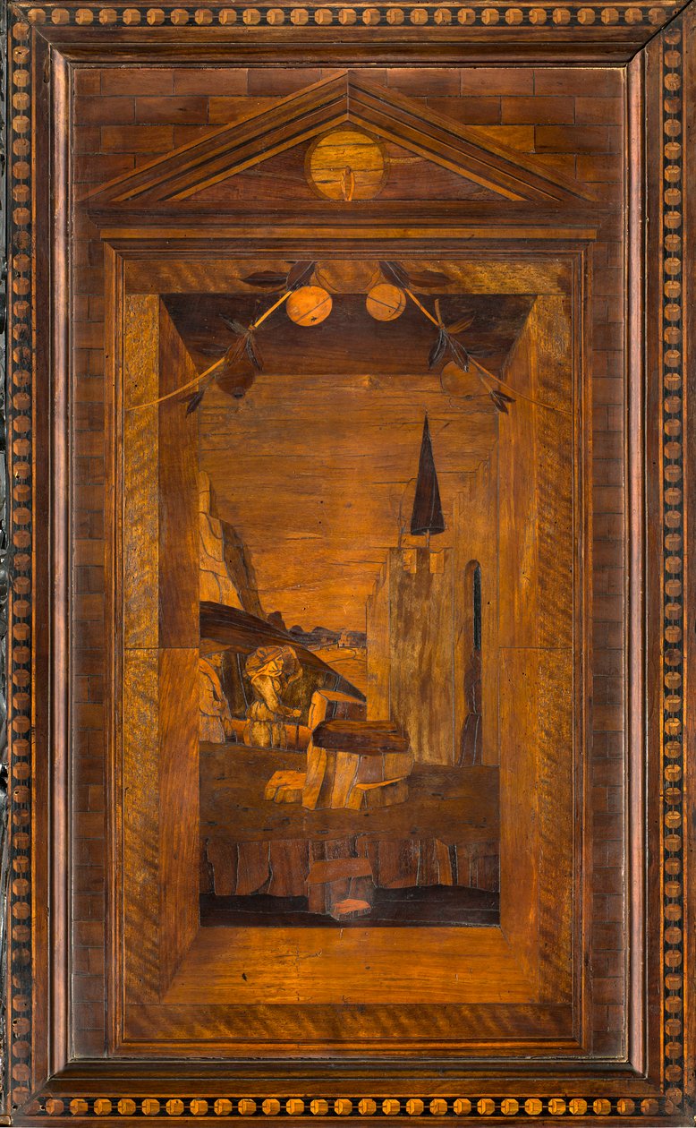 Coro canonico ligneo, intarsiato da Giovanni Maria Platina 1484, Stallo superiore da Giovanni Maria Platina
