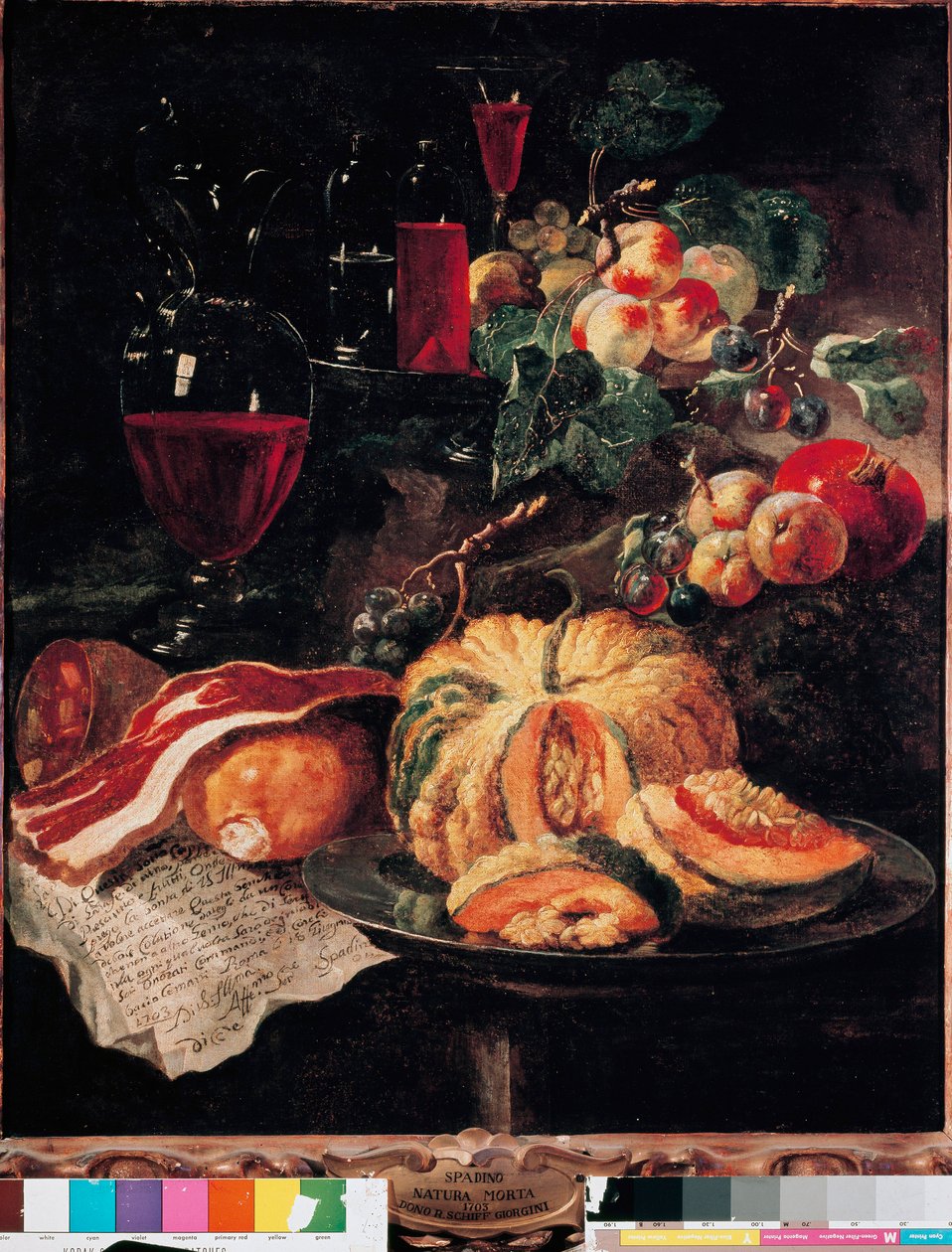 Natura morta con zucca, pancetta, prosciutto, pesche e vino. Dipinto di Giovan Paolo Castelli detto Lo Spadino (1659-1730) 1703 Roma, Museo dei Conservatori capitolini da Giovanni Paolo Castelli