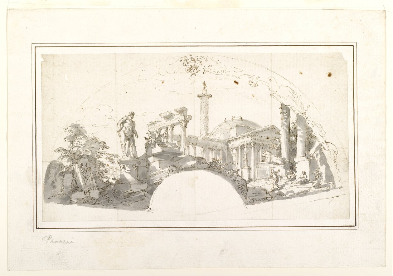 Design per un ventaglio: Capriccio con rovine romane ed Ercole Farnese da Giovanni Paolo Panini
