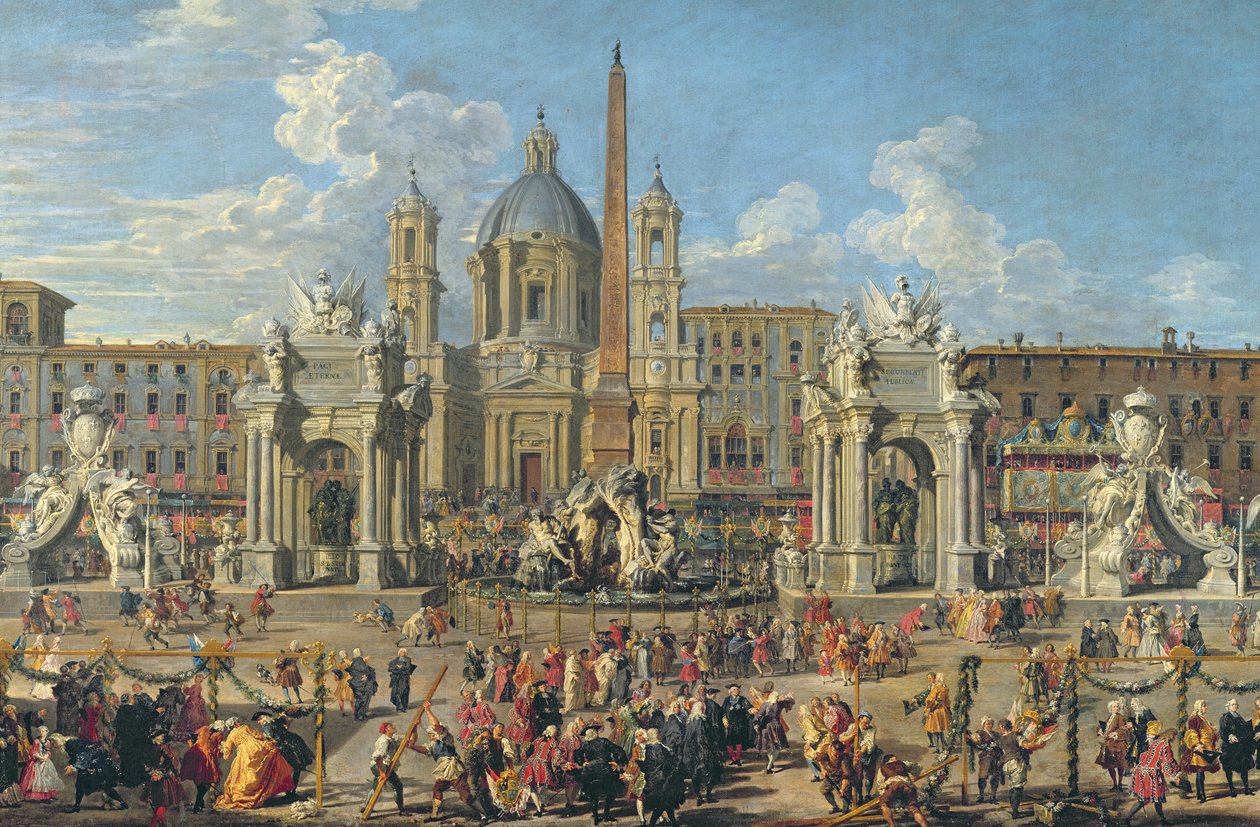 Preparazione per lo spettacolo pirotecnico tenuto a Piazza Navona, Roma, per celebrare la nascita del Delfino (dettaglio) da Giovanni Paolo Pannini