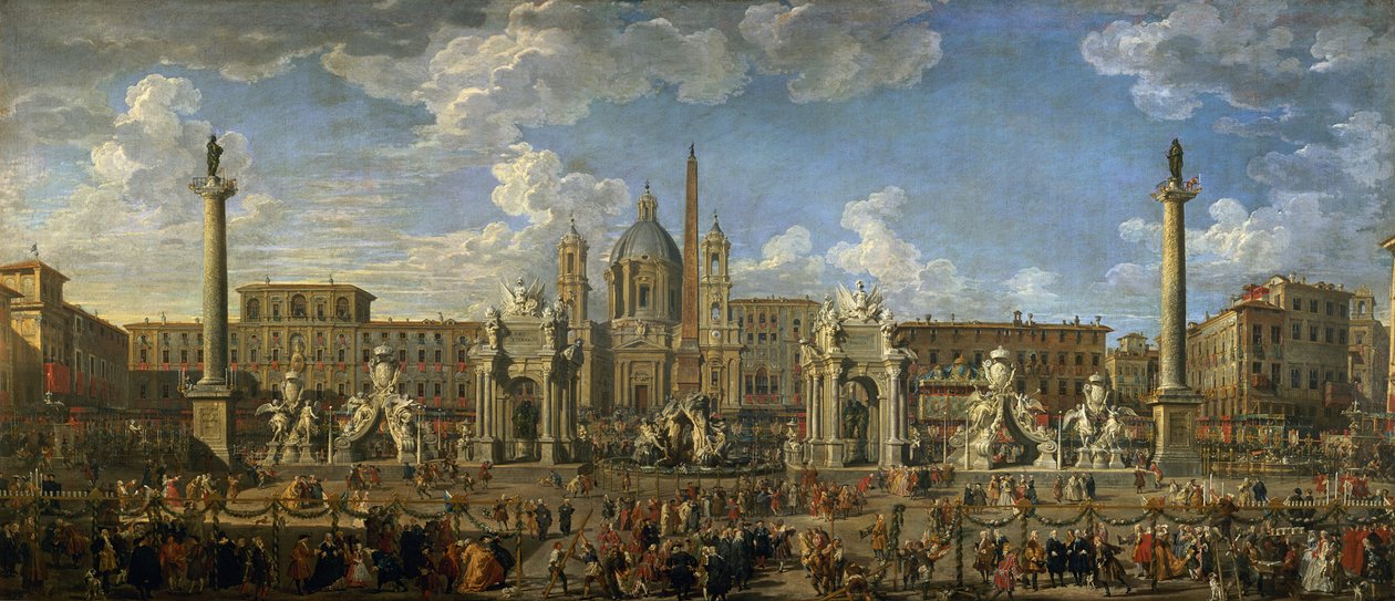 Preparativi per lo spettacolo pirotecnico tenuto a Piazza Navona, Roma, per celebrare la nascita del Delfino, 1729 da Giovanni Paolo Pannini