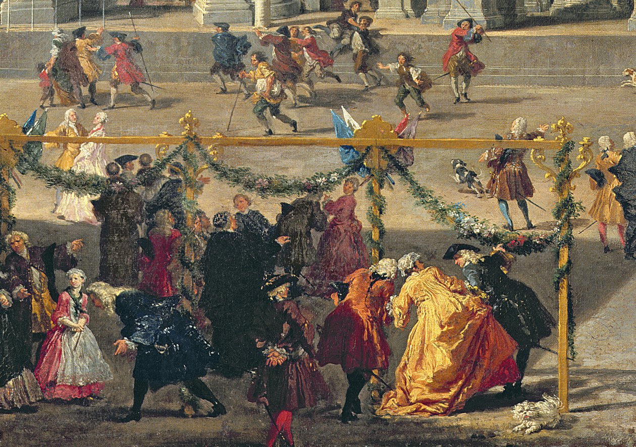 Preparativi per lo spettacolo pirotecnico tenuto a Piazza Navona, Roma, per celebrare la nascita del Delfino, 1729 (dettaglio) da Giovanni Paolo Pannini