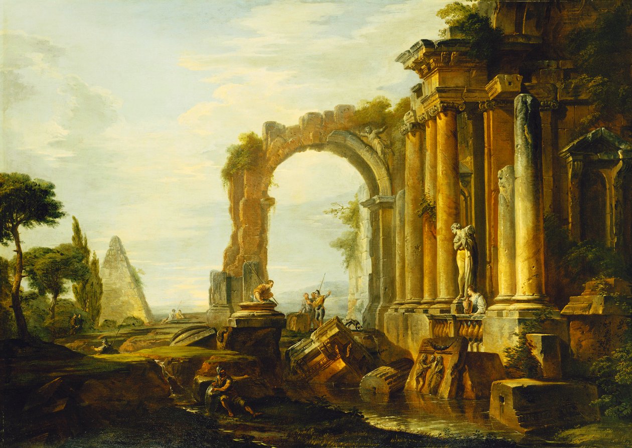 Un capriccio di rovine classiche con la piramide di Cestio e figure in un paesaggio da Giovanni Paolo Pannini