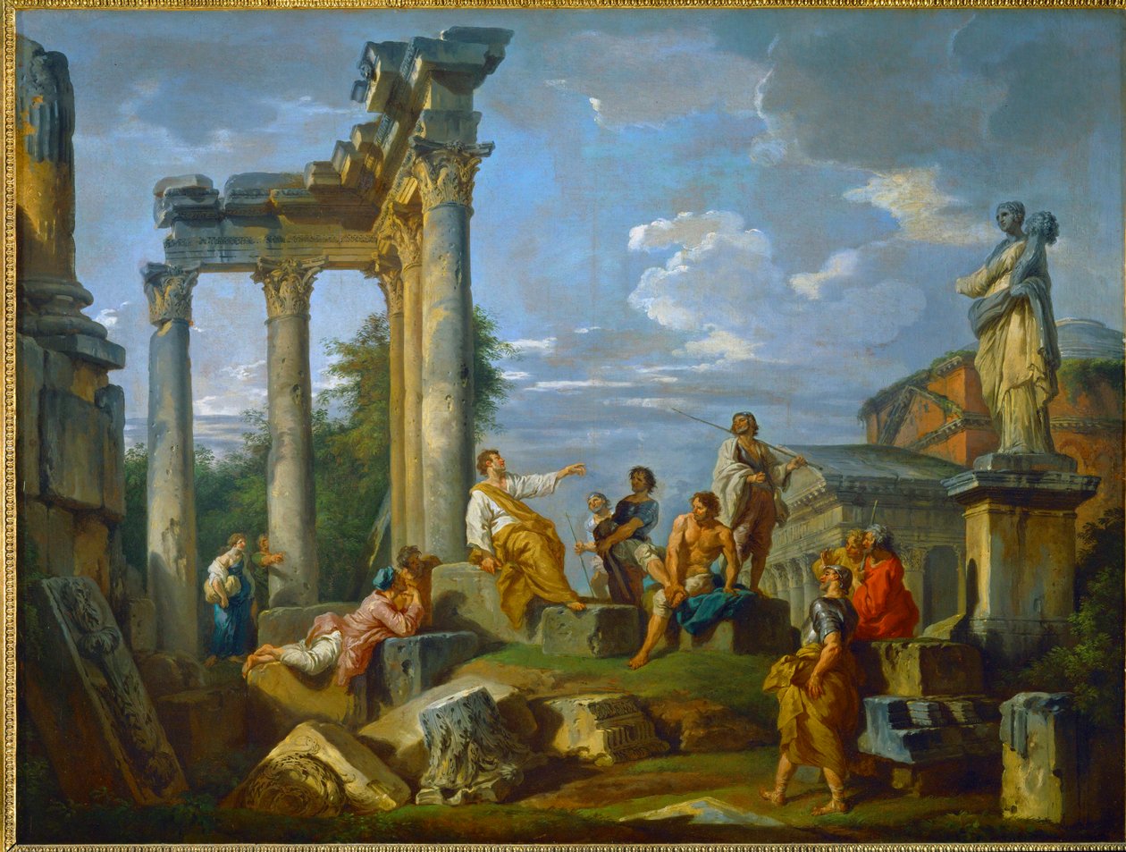Predatore in mezzo alle rovine di Roma arricchite di figure, con il Pantheon e la statua di Flora... (dipinto su tela) da Giovanni Paolo Pannini or Panini