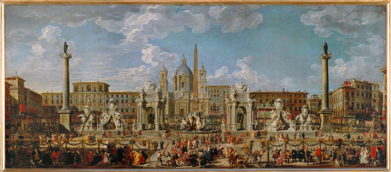 I preparativi per lo spettacolo pirotecnico e le decorazioni per i festeggiamenti in Piazza Navona a Roma il 30 novembre ... da Giovanni Paolo Pannini or Panini