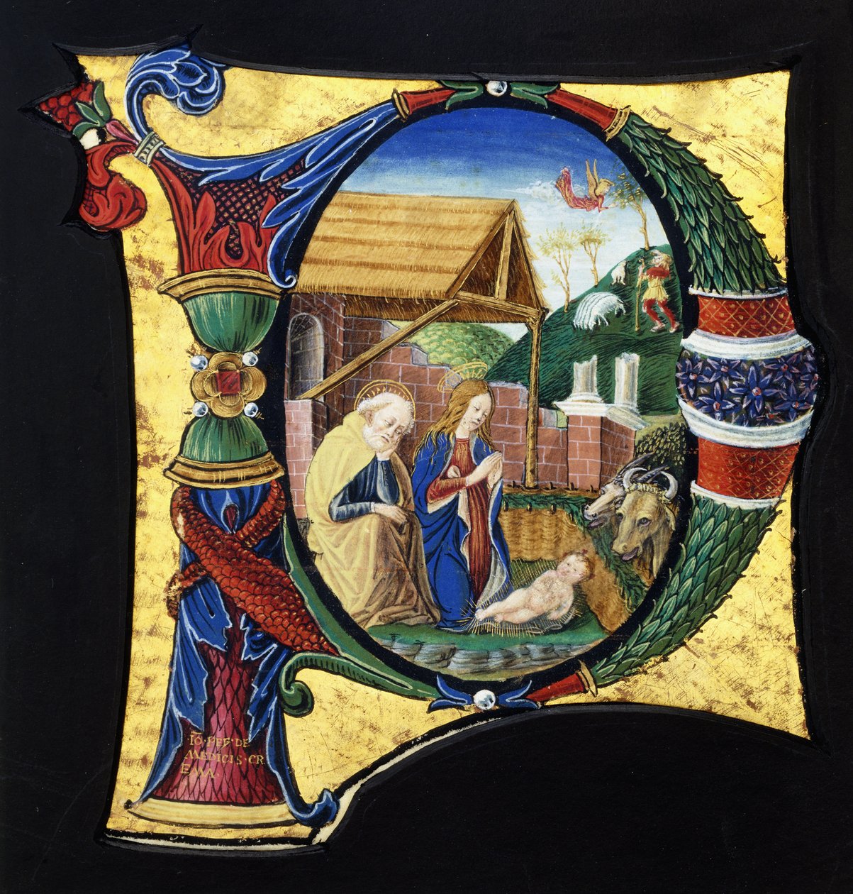 Una grande iniziale istoriata "P", raffigurante una scena della Natività, c.1490 da Giovanni Pietro Medici Da Crema