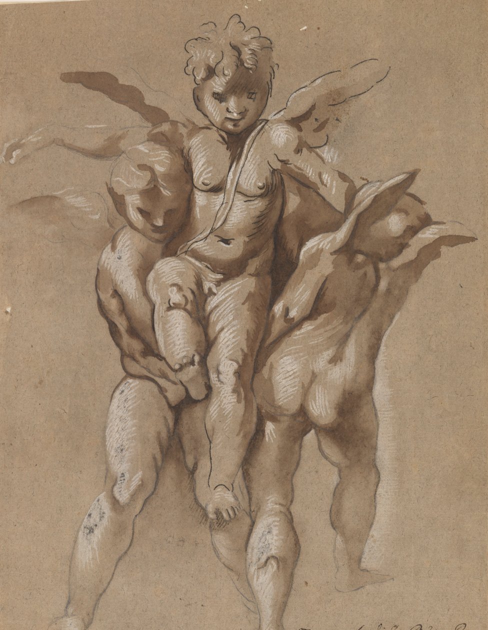 Due putti che portano un terzo putto (recto); Un giovane con un bastone (verso) da Giovanni Pietro Possenti