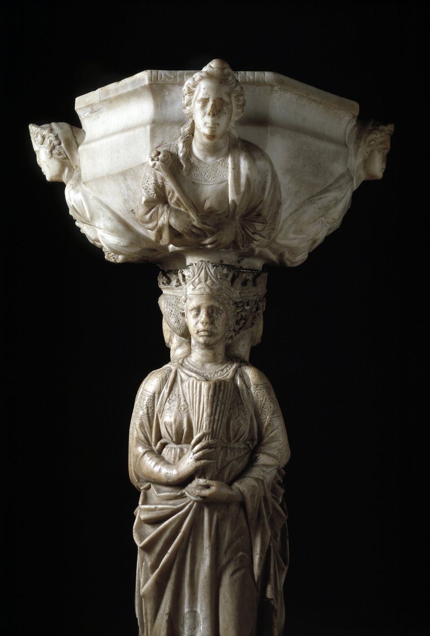 Acquasantiera al pilastro decorata con le tre virtù teologali e una ciotola decorata con i busti delle quattro virtù cardinali (Scultura di Giovanni Pisano) da Giovanni Pisano