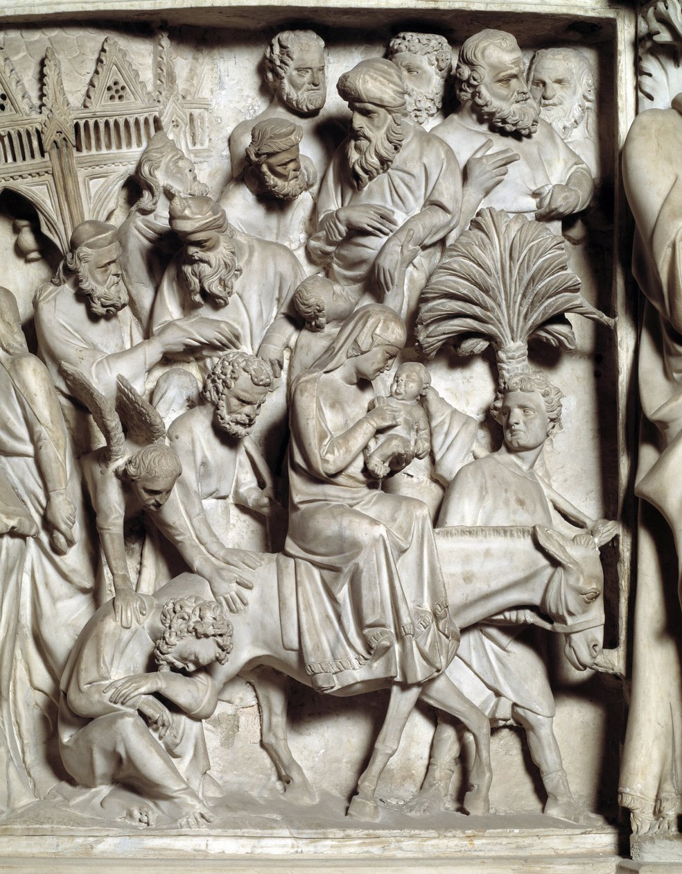 (dettaglio) dei rilievi del Pulpito di Marmo, fuga in Egitto da Giovanni Pisano