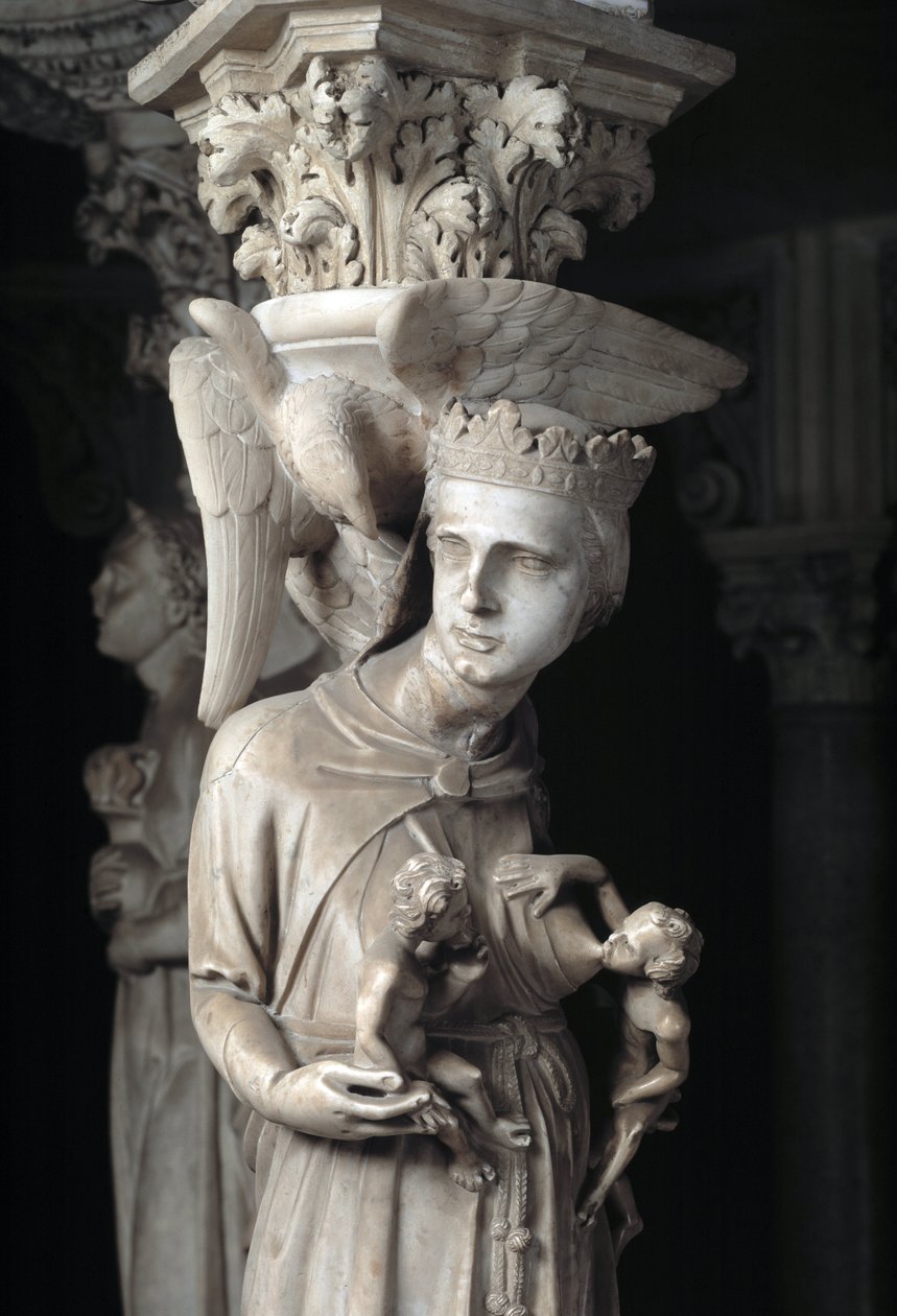 Dettaglio dei gruppi scolpiti che sostengono la cattedra realizzata da Giovanni Pisano: la Chiesa nutre i suoi figli (dettaglio) da Giovanni Pisano