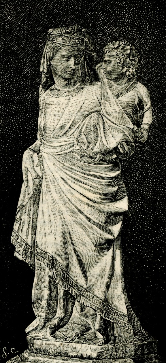 Madonna col Bambino, statua di Giovanni Pisano, Duomo di Prato, Toscana, Italia, xilografia da Le cento città d